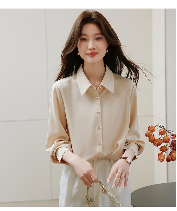 2026 가을 새로운 긴팔 플러시 센스 새틴 셔츠 폴로 칼라 셔츠 디자인 센스 빛 요리 한 항구 바람 새틴 셔츠 상세 이미지 30