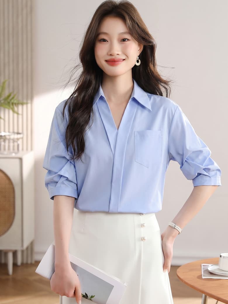 화이트 여성 셔츠 2026 여름 새로운 캐주얼 루즈핏 경력 프랑스식 작은 대중 맨위 V넥 반팔 셔츠 상세 이미지 1