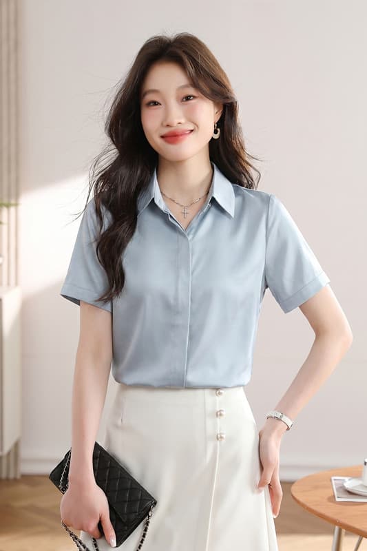 실사 2026 년 봄 여름 새로운 시뮬레이션 실크 새틴 패치워크 셔츠 반팔 외국 가스 여성 출퇴근 면접 ol 맨위 상세 이미지 8