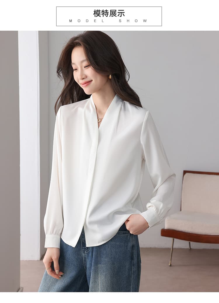 실사 2026 가을 새로운 여성 의류 화이트 여성 셔츠 한 팬 패션 V넥 ol 경력 품격 긴팔 셔츠 상세 이미지 11