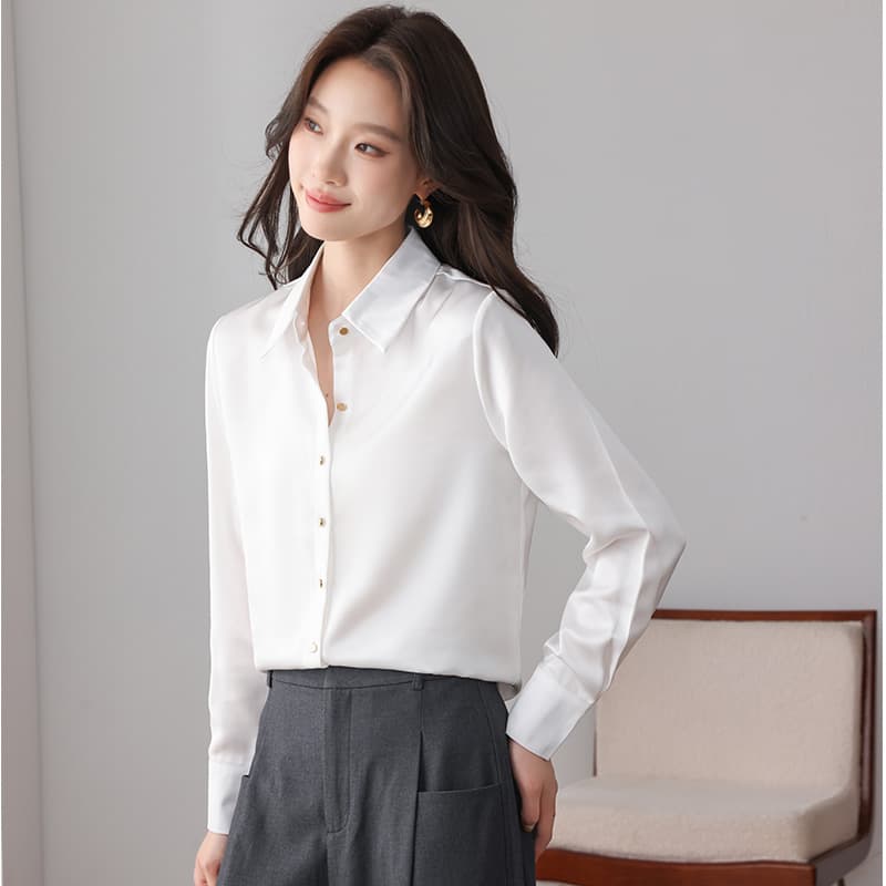 실사 2026 여성 셔츠 프랑스식 고급 품격 POLO 칼라 패션 루즈핏 캐주얼 다용도 새틴 작은 셔츠 맨위 이미지 4
