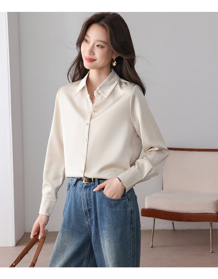 실사 2026 여성 셔츠 프랑스식 고급 품격 POLO 칼라 패션 루즈핏 캐주얼 다용도 새틴 작은 셔츠 맨위 상세 이미지 15