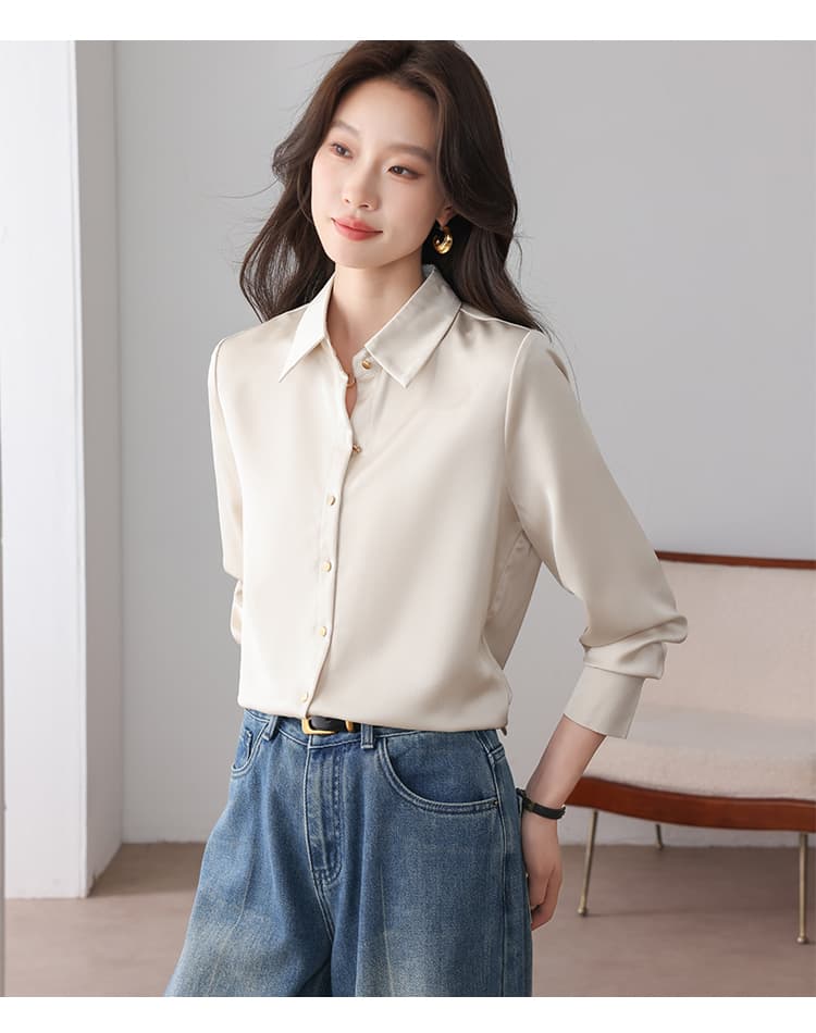 실사 2026 여성 셔츠 프랑스식 고급 품격 POLO 칼라 패션 루즈핏 캐주얼 다용도 새틴 작은 셔츠 맨위 상세 이미지 21