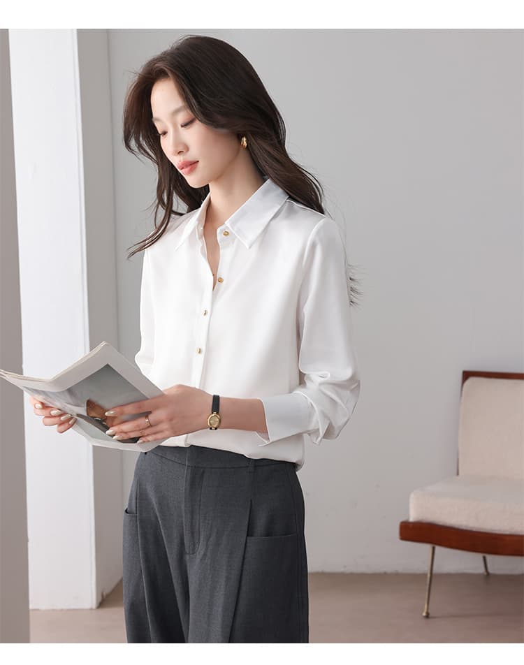실사 2026 여성 셔츠 프랑스식 고급 품격 POLO 칼라 패션 루즈핏 캐주얼 다용도 새틴 작은 셔츠 맨위 상세 이미지 36
