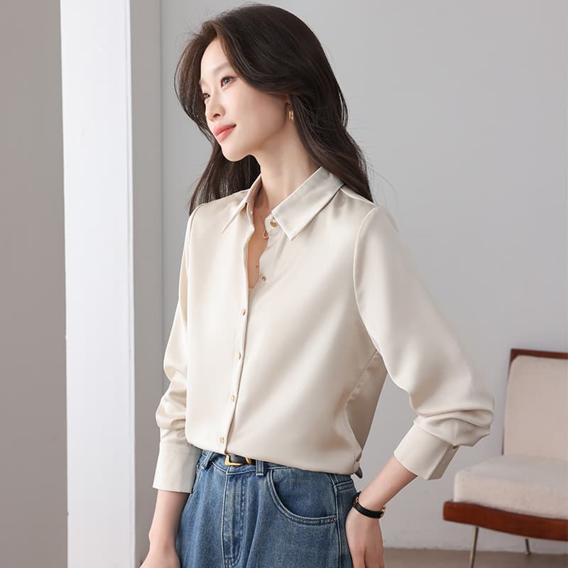 실사 화이트 시뮬레이션 실크 셔츠 프랑스식 고급 품격 POLO 칼라 경력 몸매 가꾸기 다용도 새틴 작은 셔츠 맨위 이미지 3