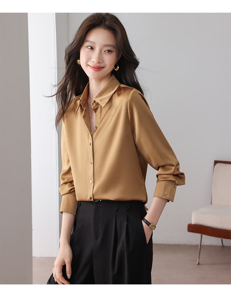 실사 화이트 시뮬레이션 실크 셔츠 프랑스식 고급 품격 POLO 칼라 경력 몸매 가꾸기 다용도 새틴 작은 셔츠 맨위 상세 이미지 15