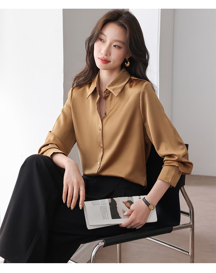 실사 화이트 시뮬레이션 실크 셔츠 프랑스식 고급 품격 POLO 칼라 경력 몸매 가꾸기 다용도 새틴 작은 셔츠 맨위 상세 이미지 16