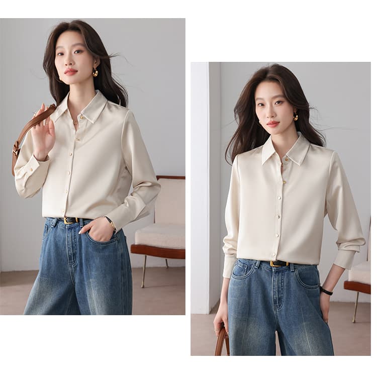 실사 화이트 시뮬레이션 실크 셔츠 프랑스식 고급 품격 POLO 칼라 경력 몸매 가꾸기 다용도 새틴 작은 셔츠 맨위 상세 이미지 19