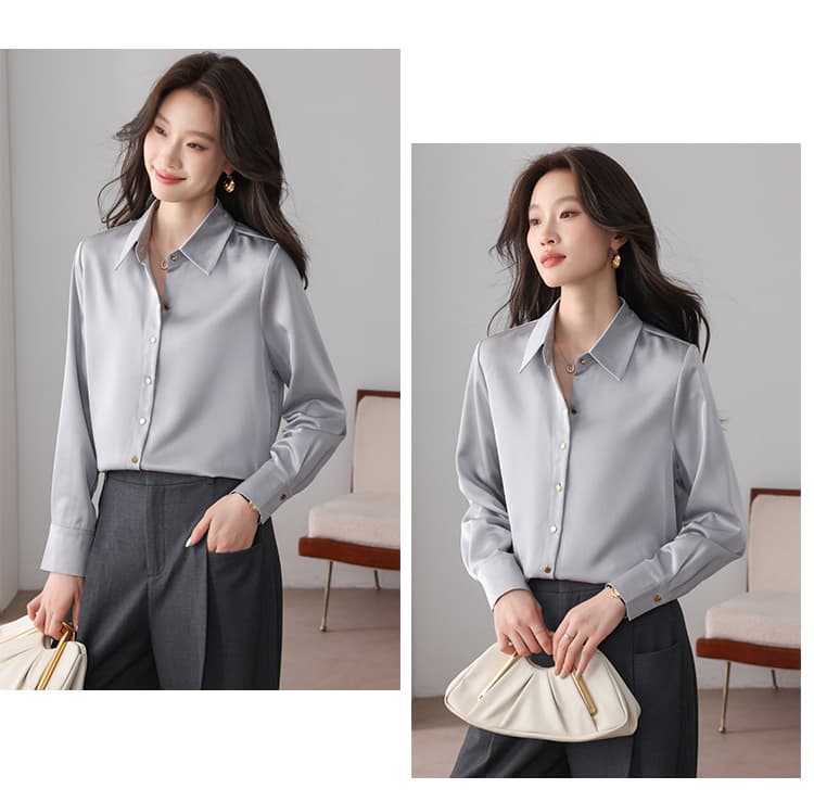 실사 화이트 시뮬레이션 실크 셔츠 프랑스식 고급 품격 POLO 칼라 경력 몸매 가꾸기 다용도 새틴 작은 셔츠 맨위 상세 이미지 26