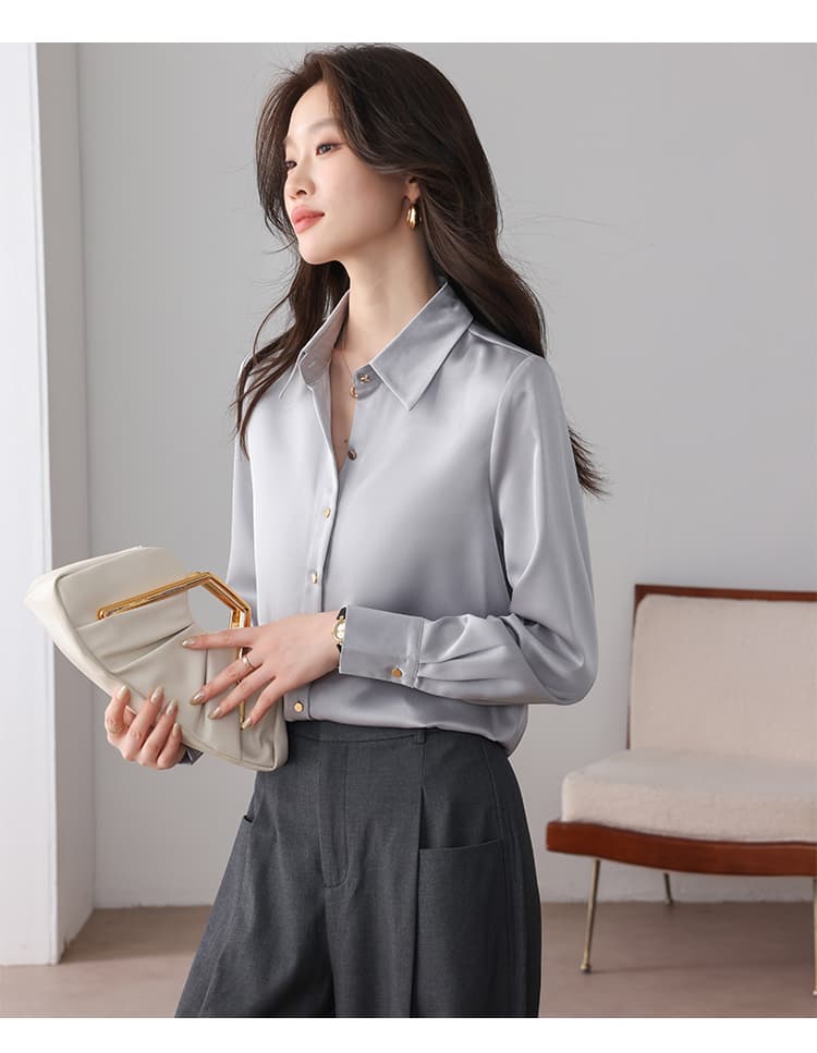 실사 화이트 시뮬레이션 실크 셔츠 프랑스식 고급 품격 POLO 칼라 경력 몸매 가꾸기 다용도 새틴 작은 셔츠 맨위 상세 이미지 27