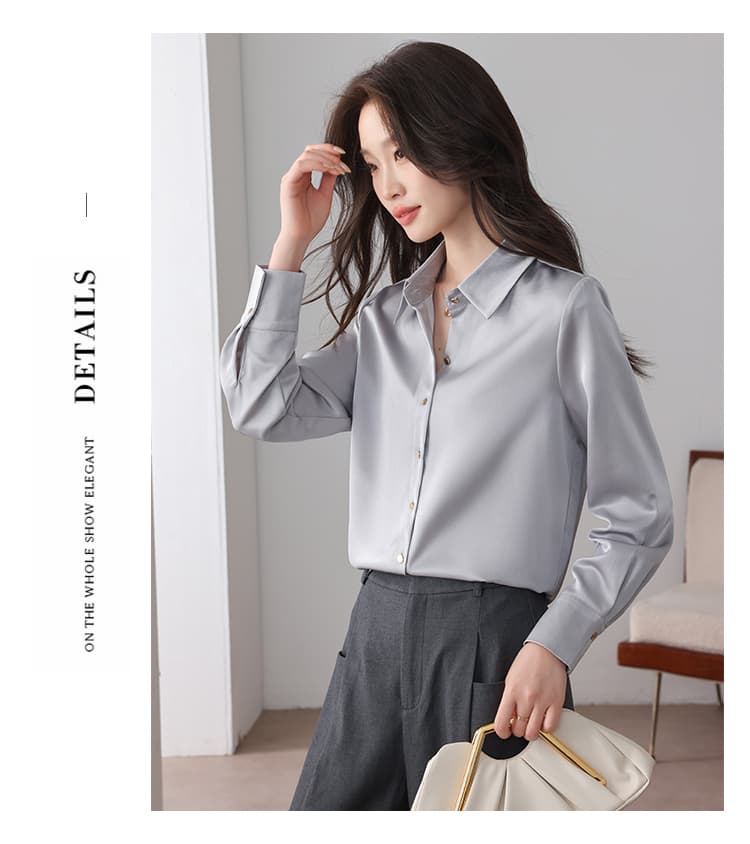 실사 화이트 시뮬레이션 실크 셔츠 프랑스식 고급 품격 POLO 칼라 경력 몸매 가꾸기 다용도 새틴 작은 셔츠 맨위 상세 이미지 28