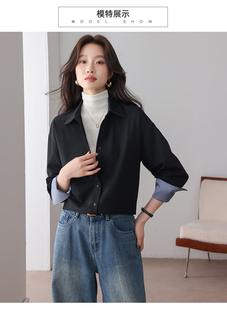 실사 오래된 돈 바람 배색 가을 어깨 안감 캐주얼 셔츠 여성 26 가을 신제품 느슨함 센스 루즈핏 긴팔 폴로 칼라 셔츠 상세 이미지 10
