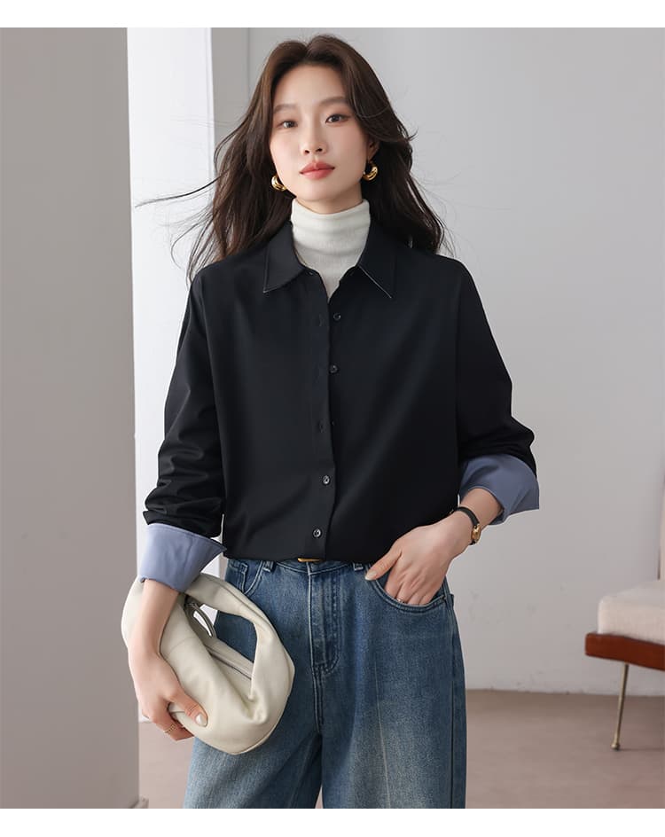 실사 오래된 돈 바람 배색 가을 어깨 안감 캐주얼 셔츠 여성 26 가을 신제품 느슨함 센스 루즈핏 긴팔 폴로 칼라 셔츠 상세 이미지 14