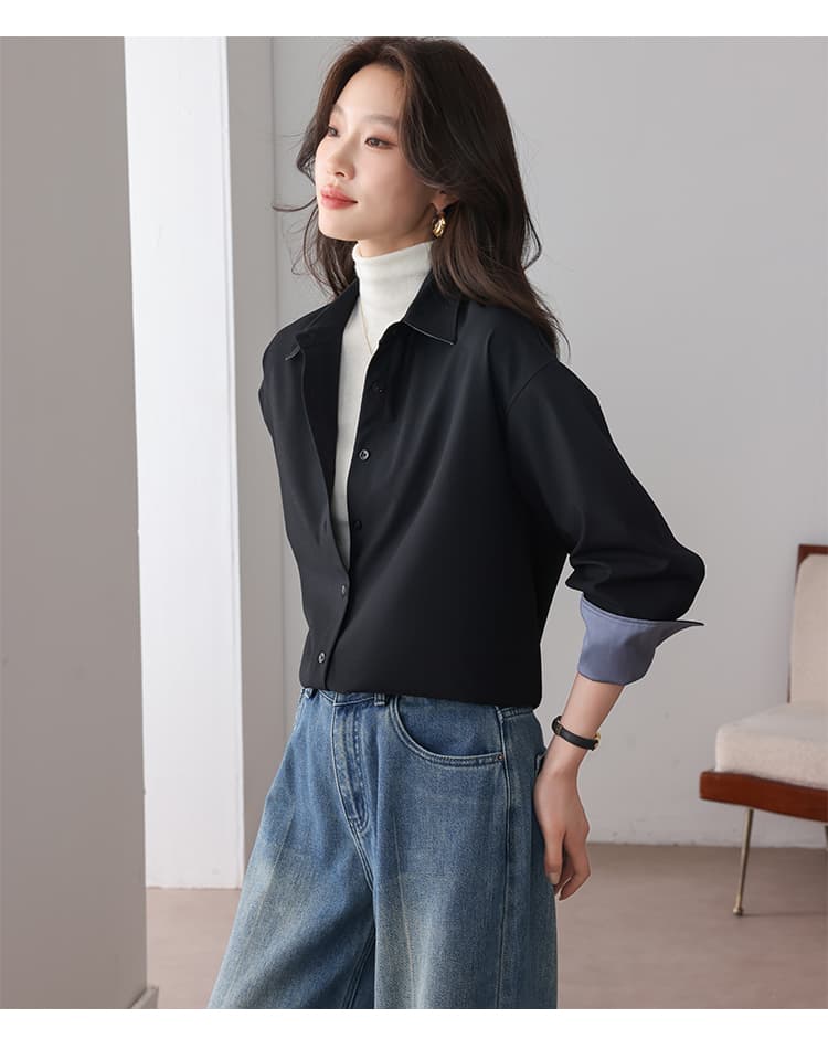 실사 오래된 돈 바람 배색 가을 어깨 안감 캐주얼 셔츠 여성 26 가을 신제품 느슨함 센스 루즈핏 긴팔 폴로 칼라 셔츠 상세 이미지 16