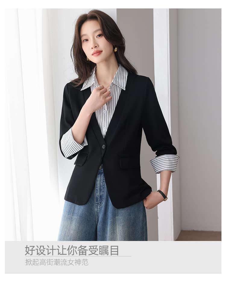실사 새로운 페이크 레이어드 스트라이프 폴로 칼라 정장 여성 코트 검정색 패션 외국 가스 품격 슬림해 보이는 인사이드 잡아라. 의류 상세 이미지 3