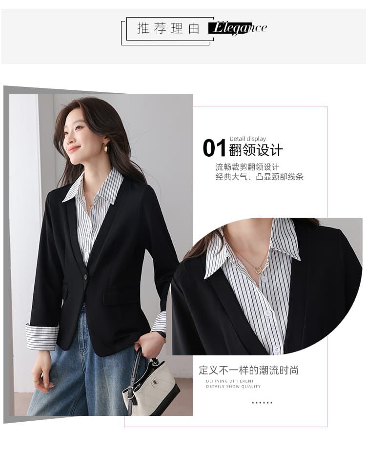 실사 새로운 페이크 레이어드 스트라이프 폴로 칼라 정장 여성 코트 검정색 패션 외국 가스 품격 슬림해 보이는 인사이드 잡아라. 의류 상세 이미지 4