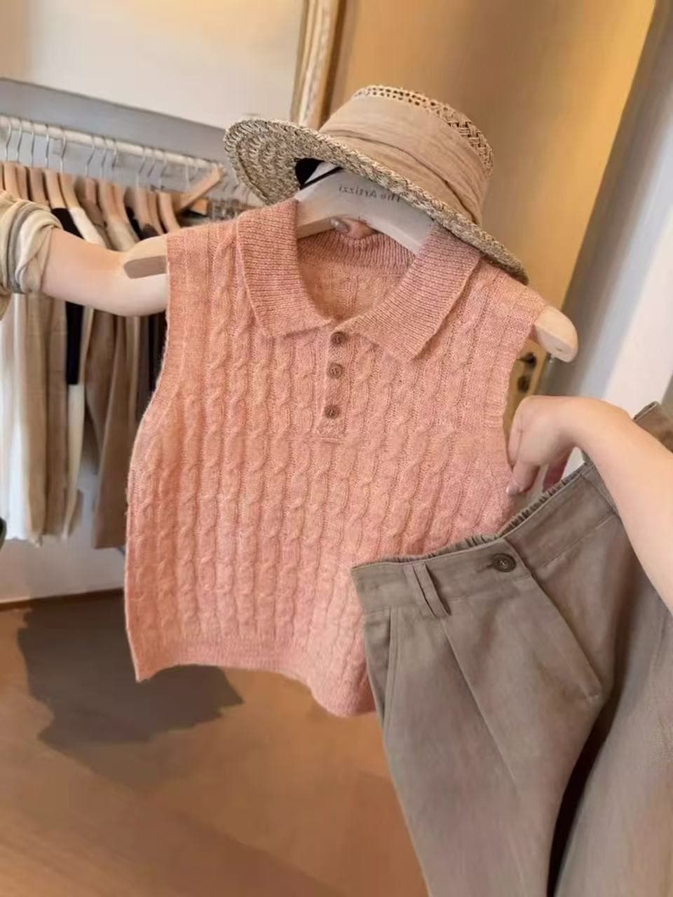 한 부서 웨스트 포 멜로 분말 POLO 칼라 꽈배기 니트 반팔 티셔츠 여성 여름 고급 센스 품격 폴로 칼라 민소매 맨위 이미지 2