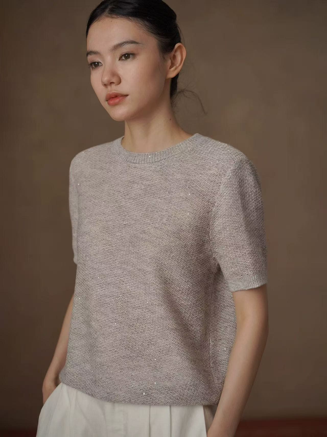 하 치아 미스 스파클링 웨이브 2 32s 슈퍼 쿨 대나무 마디 마 구슬 조각 원사 맞춤 슬림해 보이는 반팔 니트 맨위 이미지 2