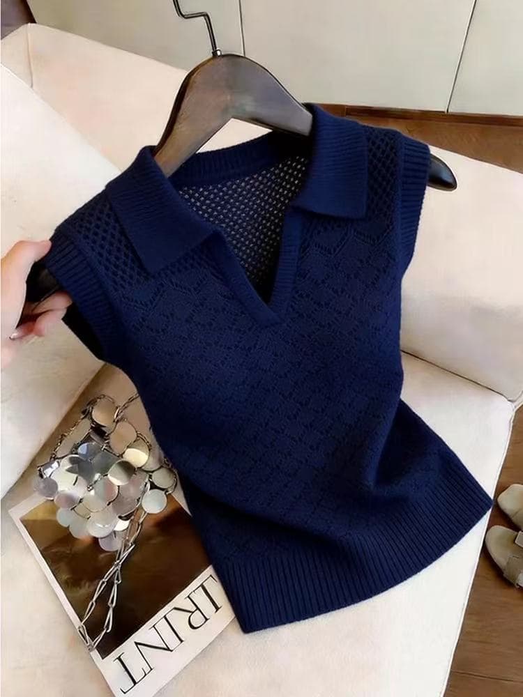 아름다운 POLO 칼라 홀로우 아웃 화이트 얼음 실크 니트 맨위 여성 2026 년 여름 작은 대중 민소매 반팔 티셔츠 여성 이미지 3