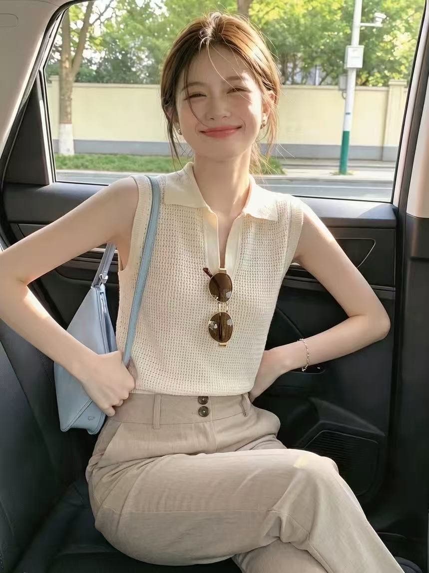 프랑스식 얼음 실크 홀로우 아웃 POLO 칼라 민소매 조끼 여성 여름 고유 한 품격 루즈핏 슬림해 보이는 다용도 어깨 맨위 이미지 2