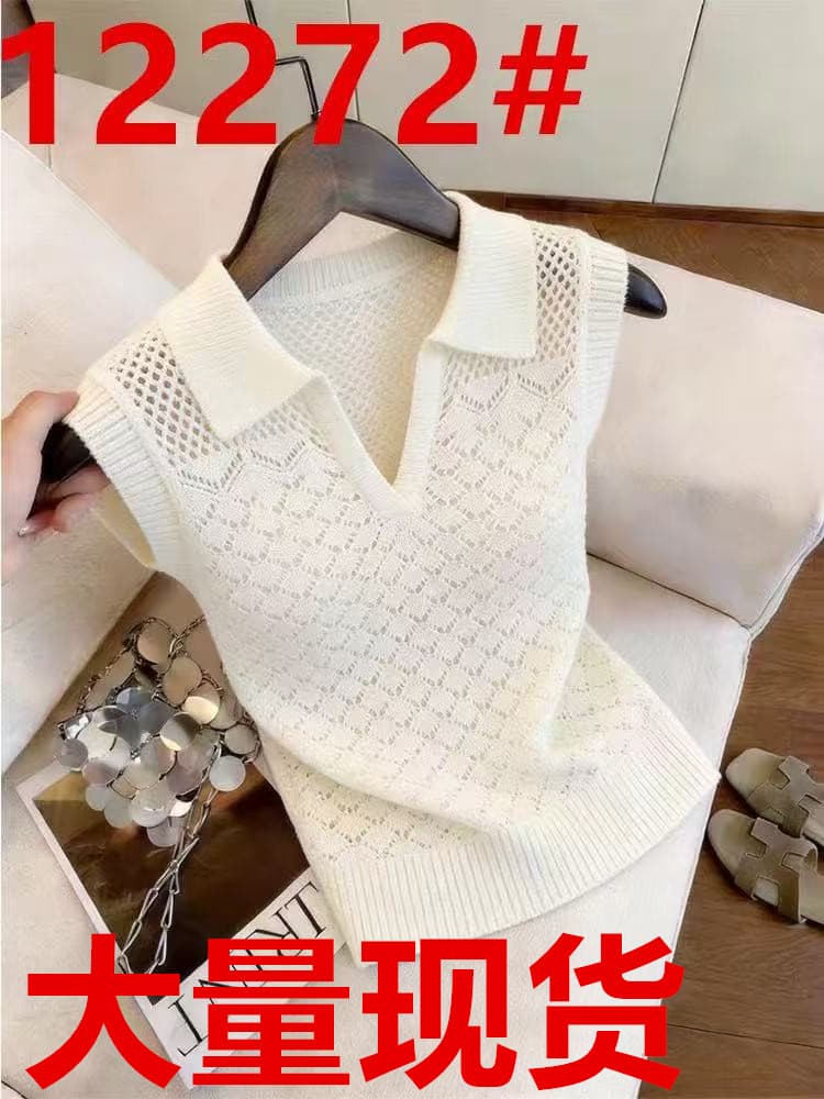 아름다운 POLO 칼라 홀로우 아웃 화이트 얼음 실크 니트 맨위 여성 2026 년 여름 작은 대중 민소매 반팔 티셔츠 여성