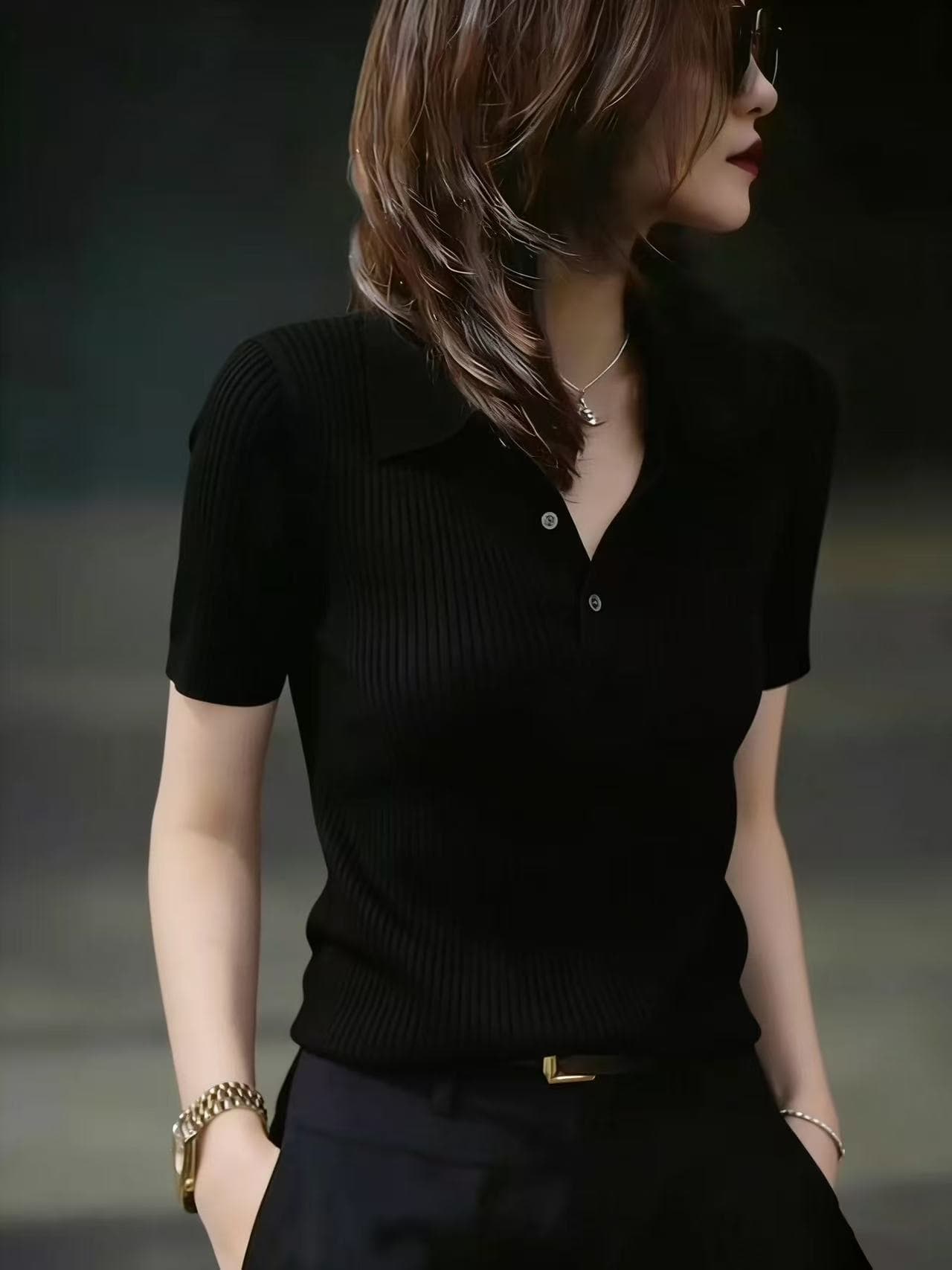 2026 봄 여름 새로운 출퇴근 바람 해군 POLO 칼라 반팔 니트 스웨터 여성 다용도 슬림해 보이는 맨위 이미지 3
