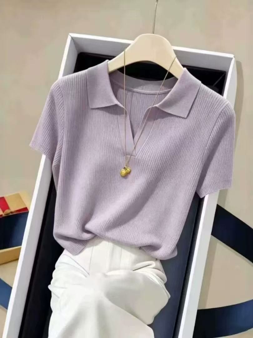 보라색 라이 경기 서울 주간 실크 티셔츠 2026 여름 새로운 POLO 칼라 긍정적 인 어깨 반팔 몸매 가꾸기 니트 얇은 스타일 맨위 이미지 2