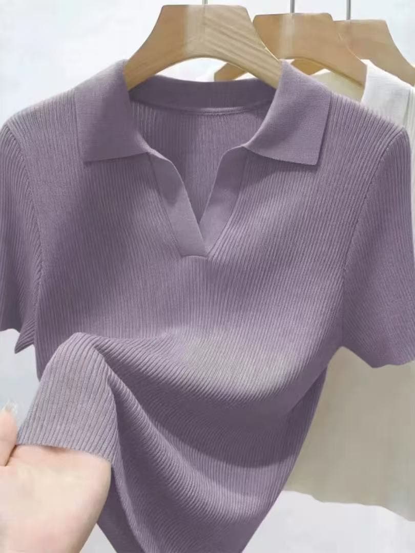 보라색 라이 경기 서울 주간 실크 티셔츠 2026 여름 새로운 POLO 칼라 긍정적 인 어깨 반팔 몸매 가꾸기 니트 얇은 스타일 맨위 이미지 4