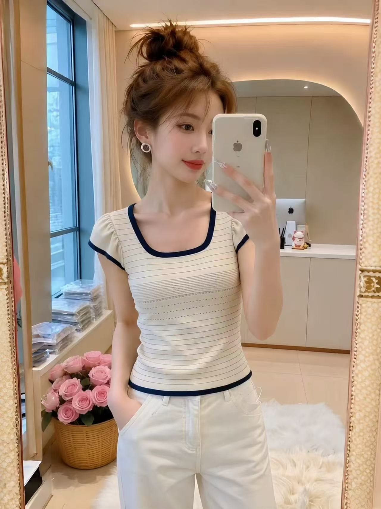 달콤한 스타일 배색 측면 니트 반팔 티셔츠 여성 여름 새로운 작은 날다 소매 몸매 가꾸기 슬림해 보이는 고유 한 아름다운 맨위 이미지 3