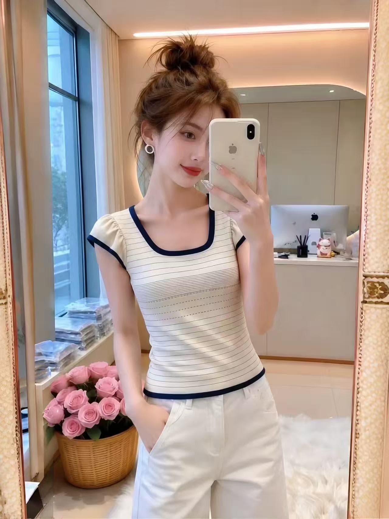 달콤한 스타일 배색 측면 니트 반팔 티셔츠 여성 여름 새로운 작은 날다 소매 몸매 가꾸기 슬림해 보이는 고유 한 아름다운 맨위 이미지 4