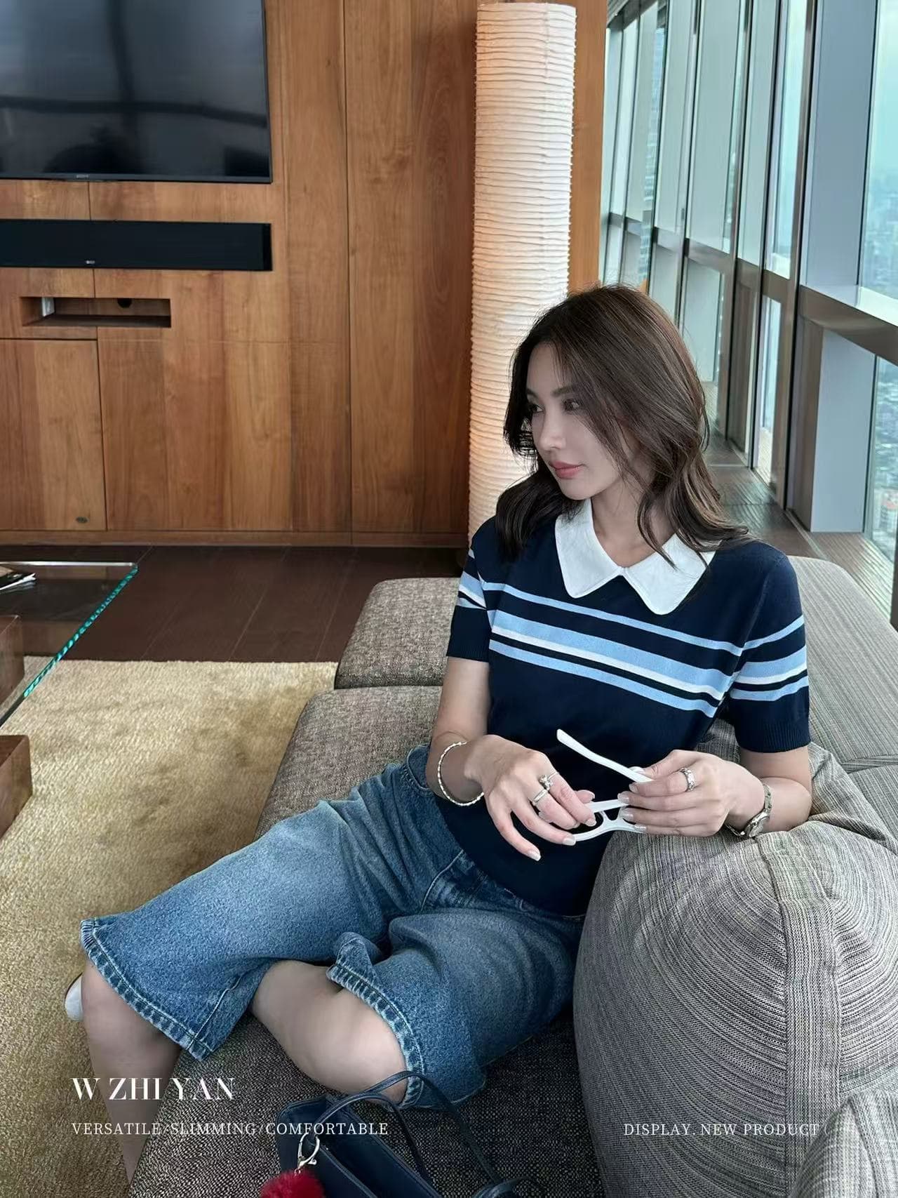 왕 지혜 妍 높음 지혜 센스 배색 스트라이프 베이비 칼라 반팔 니트 스웨터 여성 여름 품격 다용도 폴로 칼라 맨위 이미지 2