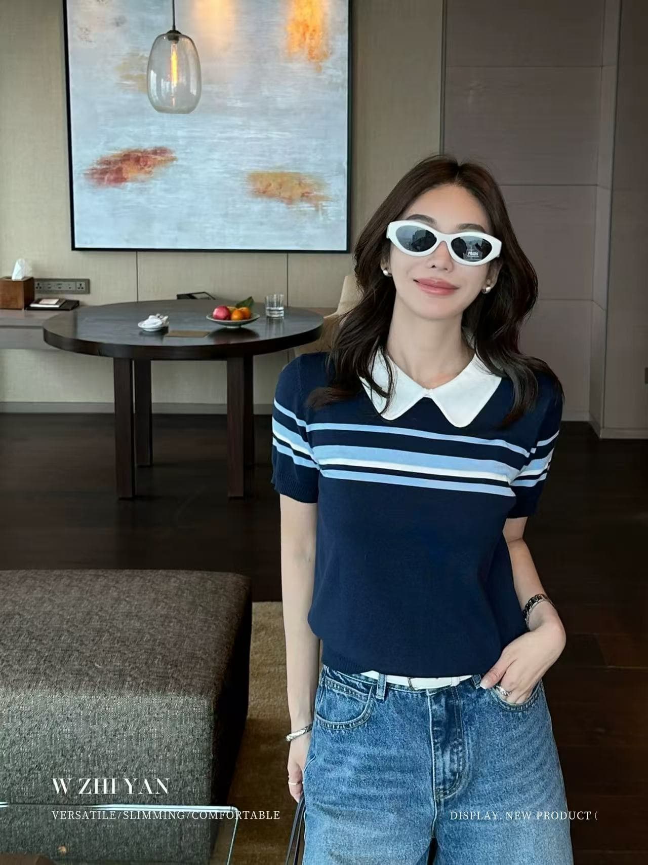 왕 지혜 妍 높음 지혜 센스 배색 스트라이프 베이비 칼라 반팔 니트 스웨터 여성 여름 품격 다용도 폴로 칼라 맨위 이미지 3