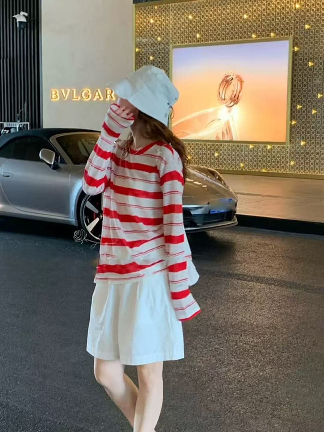 프랑스식 배색 스트라이프 라운드 넥 긴팔 티셔츠 여성 여름 얇은 스타일 자외선 차단 에어컨 블라우스 레트로 스타일 달콤한 차가운 맨위 이미지 4