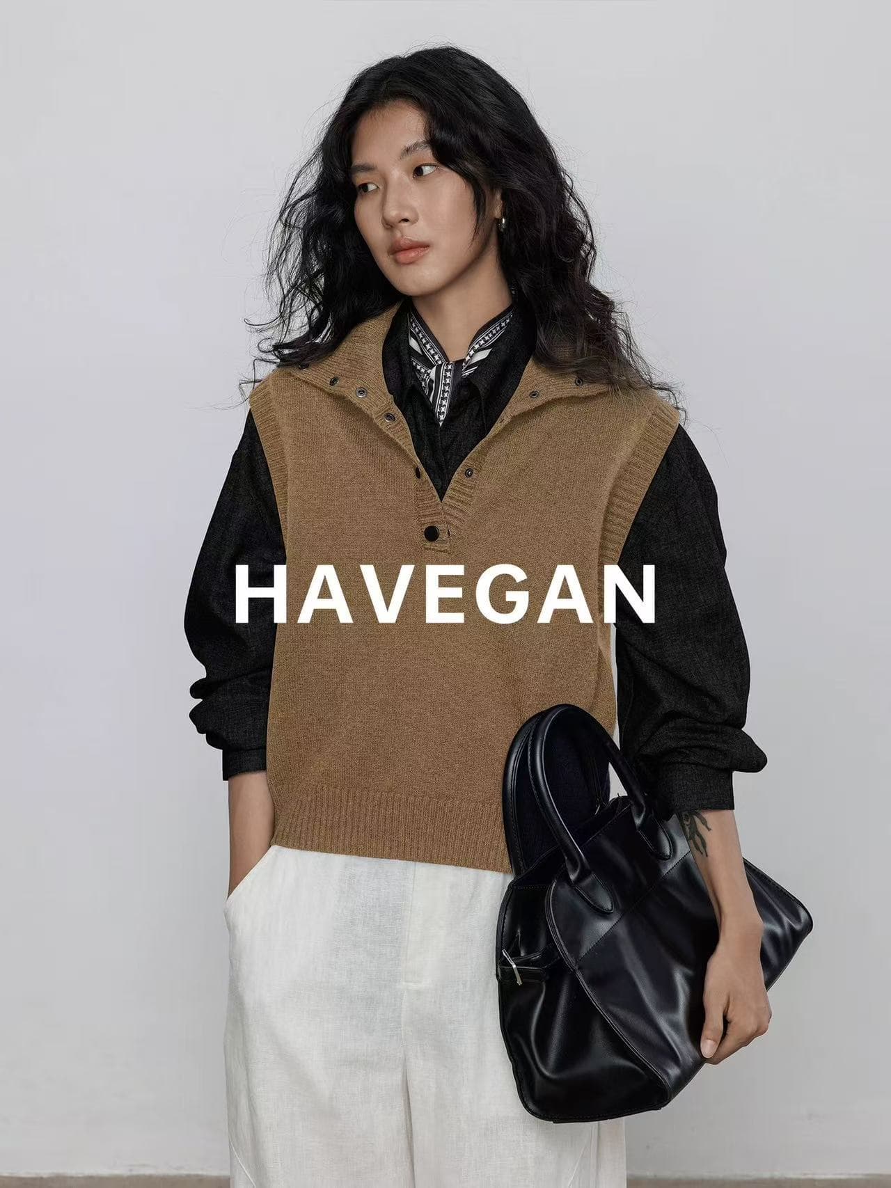 와 객실 havegan 가을 폴로 칼라 민소매 니트 조끼 여자 부드러운 찹쌀 외출용 스웨터 조끼 느긋한 맨위 이미지 3