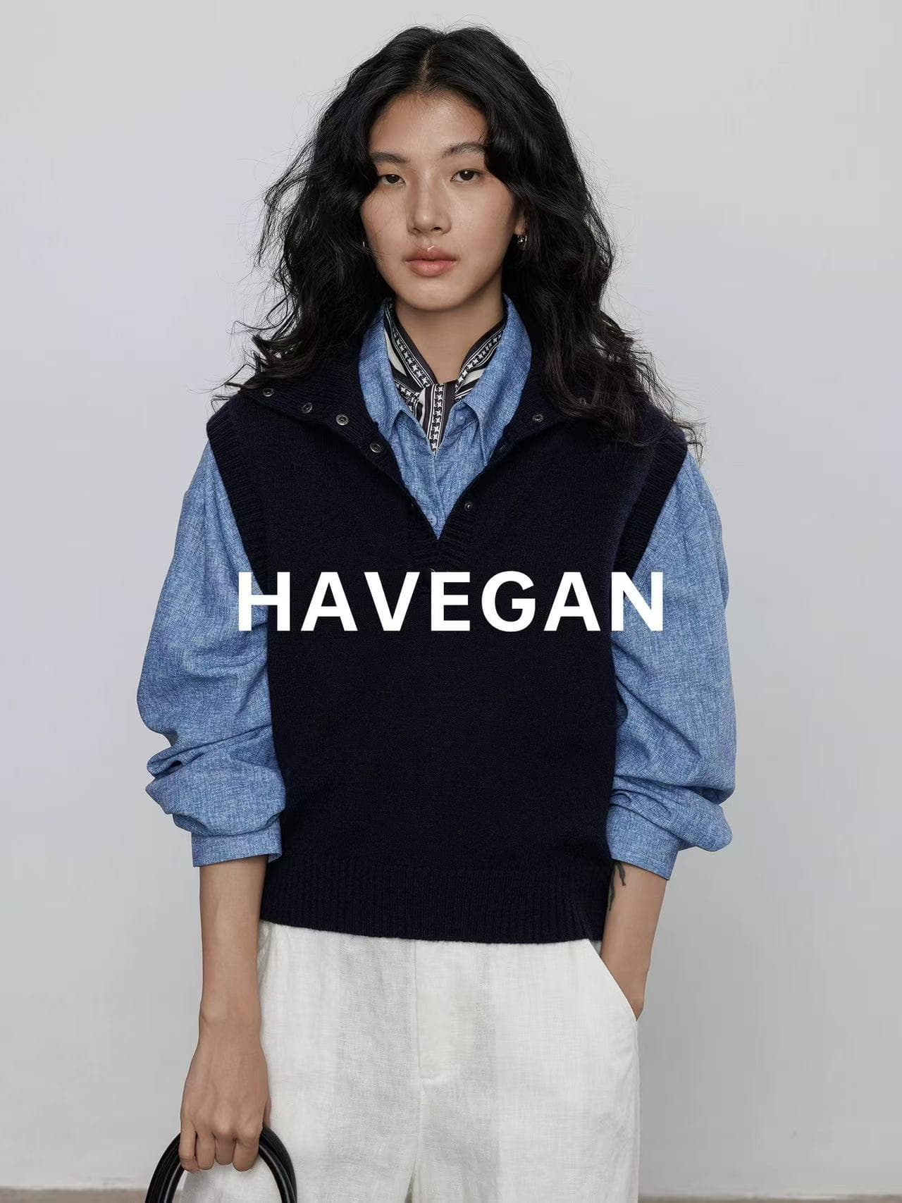 와 객실 havegan 가을 폴로 칼라 민소매 니트 조끼 여자 부드러운 찹쌀 외출용 스웨터 조끼 느긋한 맨위 이미지 4