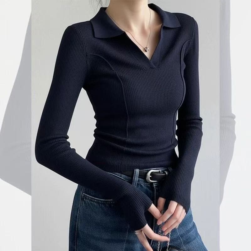 프랑스식 해군 POLO 셔츠 폴로 칼라 니트 기본 셔츠 여성 이른 가을 스웨터 인사이드 가져 가라. 고급 센스 품격 긴팔 맨위 이미지 4