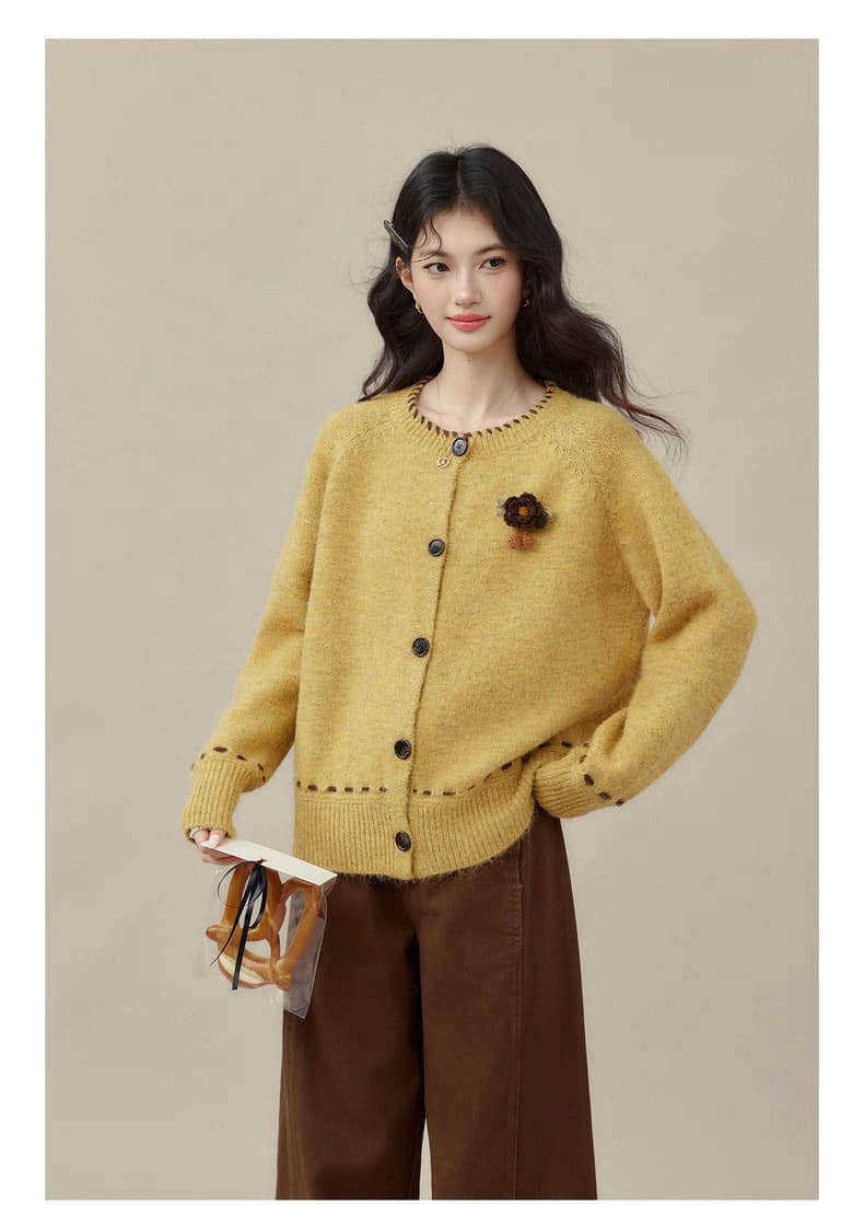 황색 스웨터 여자 겨울 느긋한 루즈핏 라운드 넥 모직물 맨위 니트 오픈 가디건 상세 이미지 8