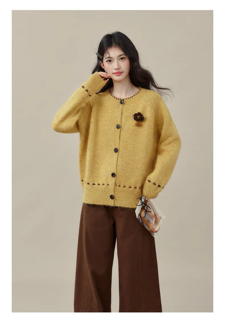 황색 스웨터 여자 겨울 느긋한 루즈핏 라운드 넥 모직물 맨위 니트 오픈 가디건 상세 이미지 10