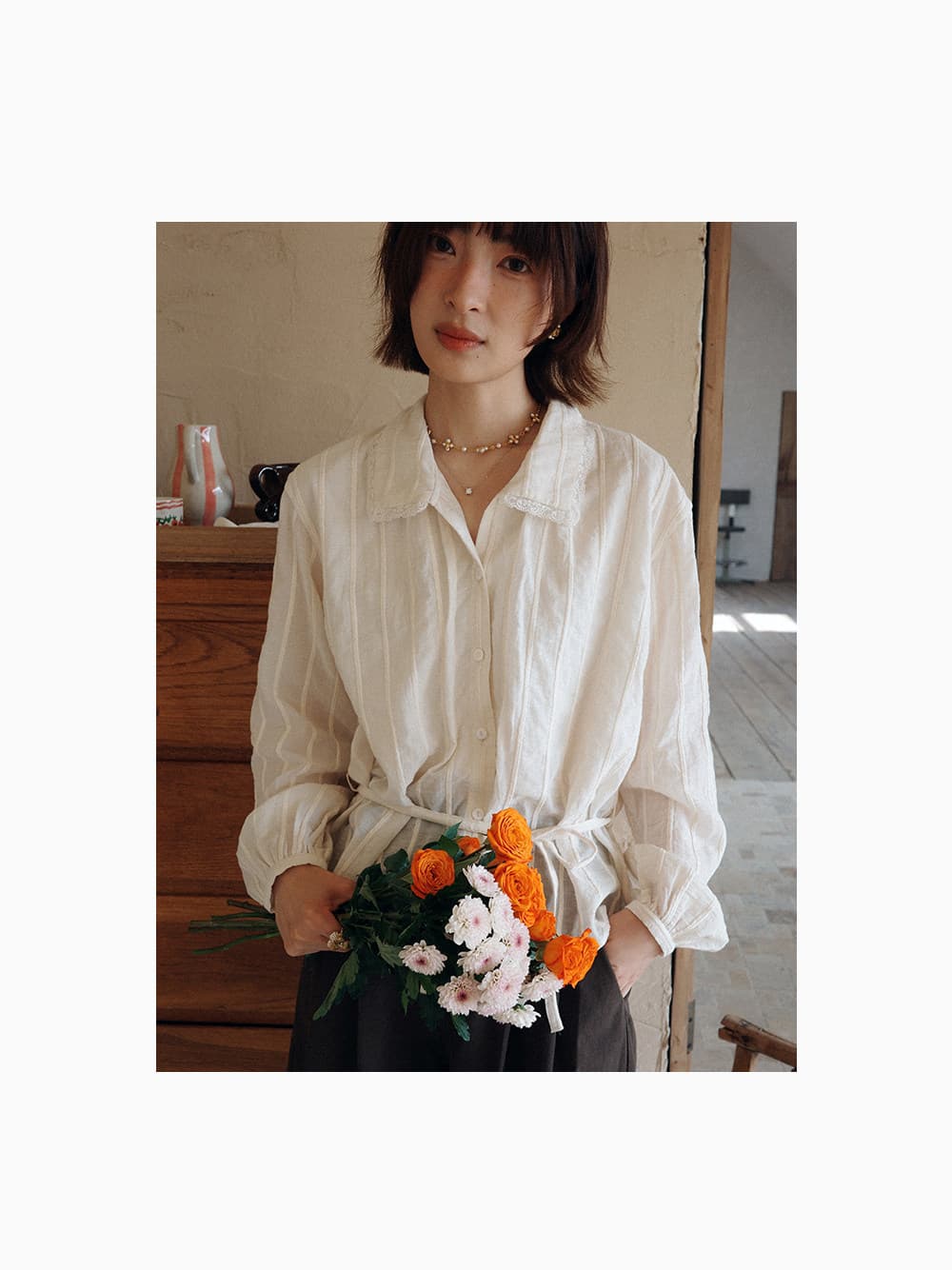 흰 그림 작업장 안지 리 아시아 인 26ss 이른 봄 신제품 스트라이프 자카드 수 있습니다. 허리 수축 프랑스식 여성 셔츠 상세 이미지 9