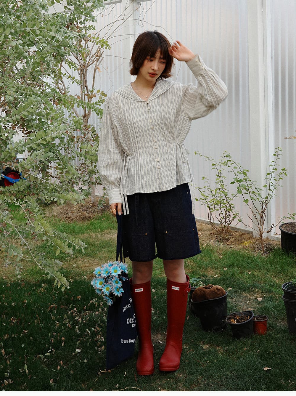 흰 그림 작업장 오리건 해안 26ss 이른 봄 신제품 선택 아마 해군 칼라 스트라이프 셔츠 상세 이미지 2