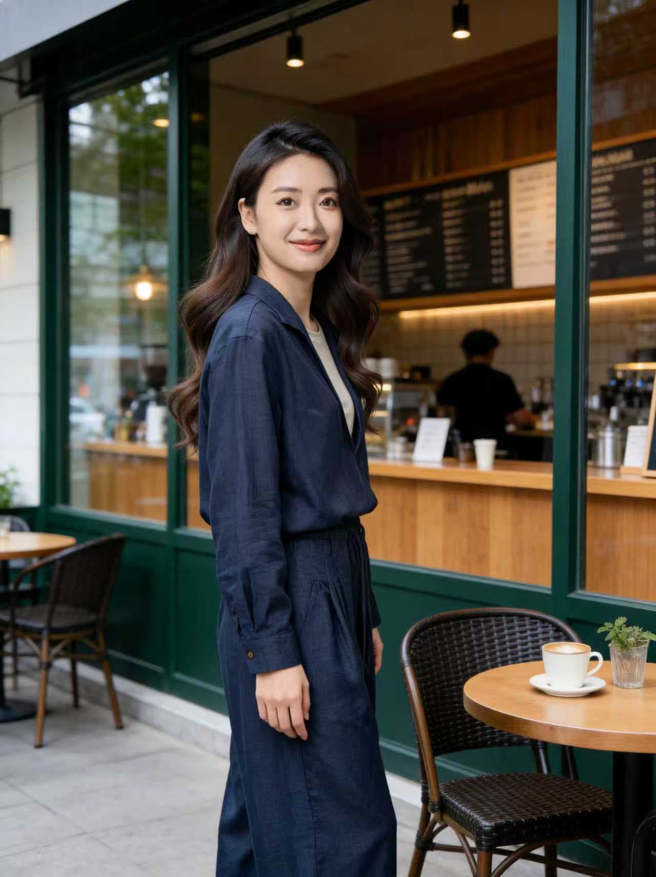 한여름 펜 De 당겨서 구오 유 신화 같은 단락 리넨 면화 데님 세트 페이크 레이어드 재킷 넓은 다리 길이 바지 이미지 3