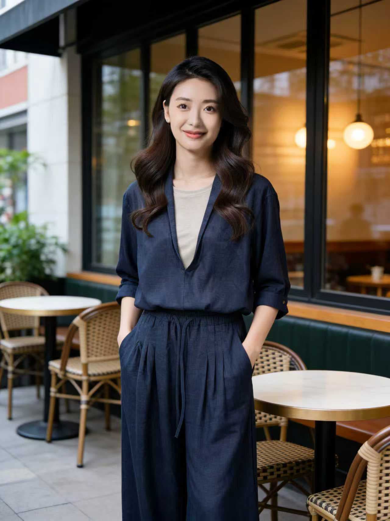 한여름 펜 De 당겨서 구오 유 신화 같은 단락 리넨 면화 데님 세트 페이크 레이어드 재킷 넓은 다리 길이 바지 상세 이미지 3