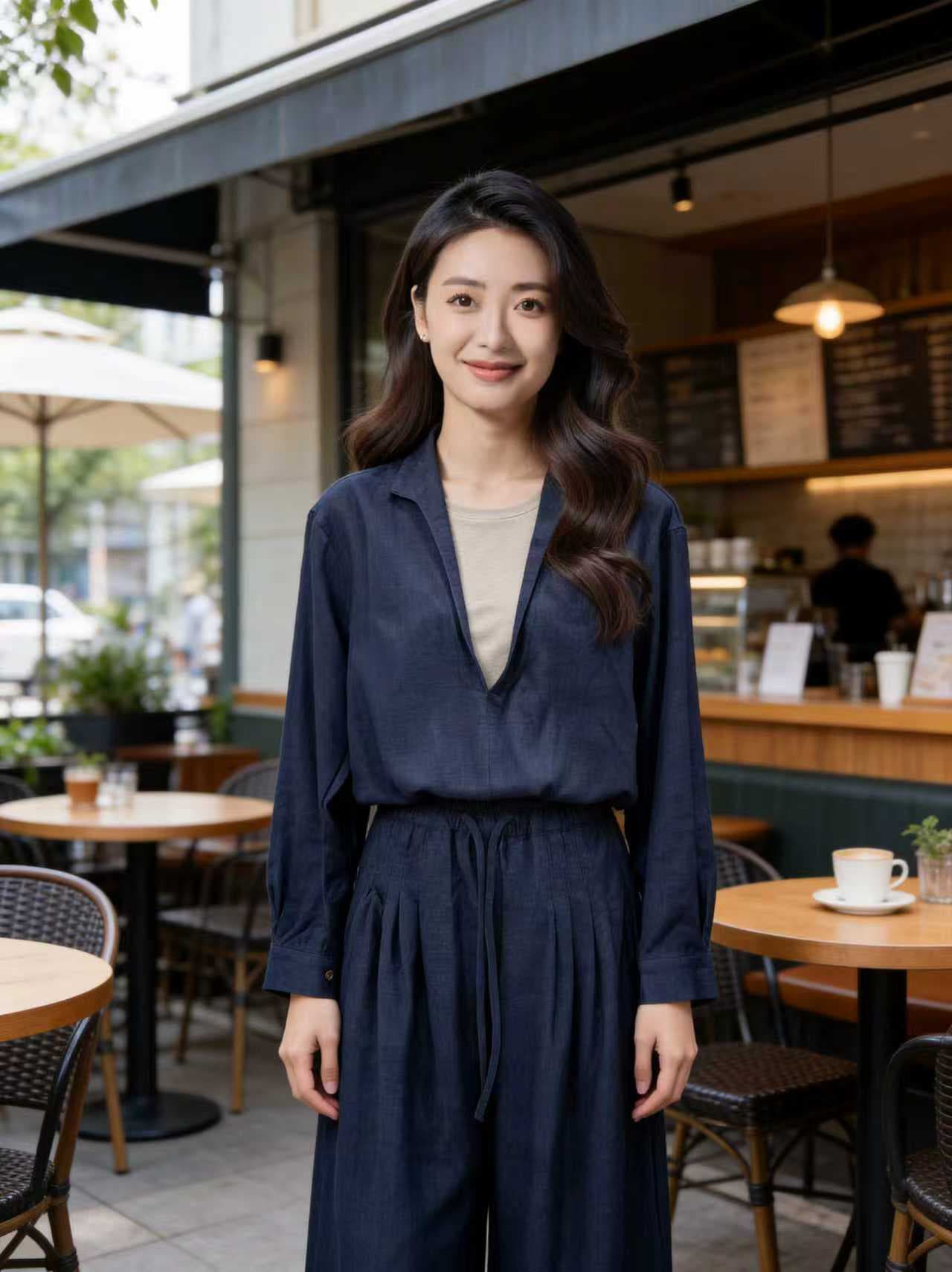 한여름 펜 De 당겨서 구오 유 신화 같은 단락 리넨 면화 데님 세트 페이크 레이어드 재킷 넓은 다리 길이 바지 상세 이미지 8
