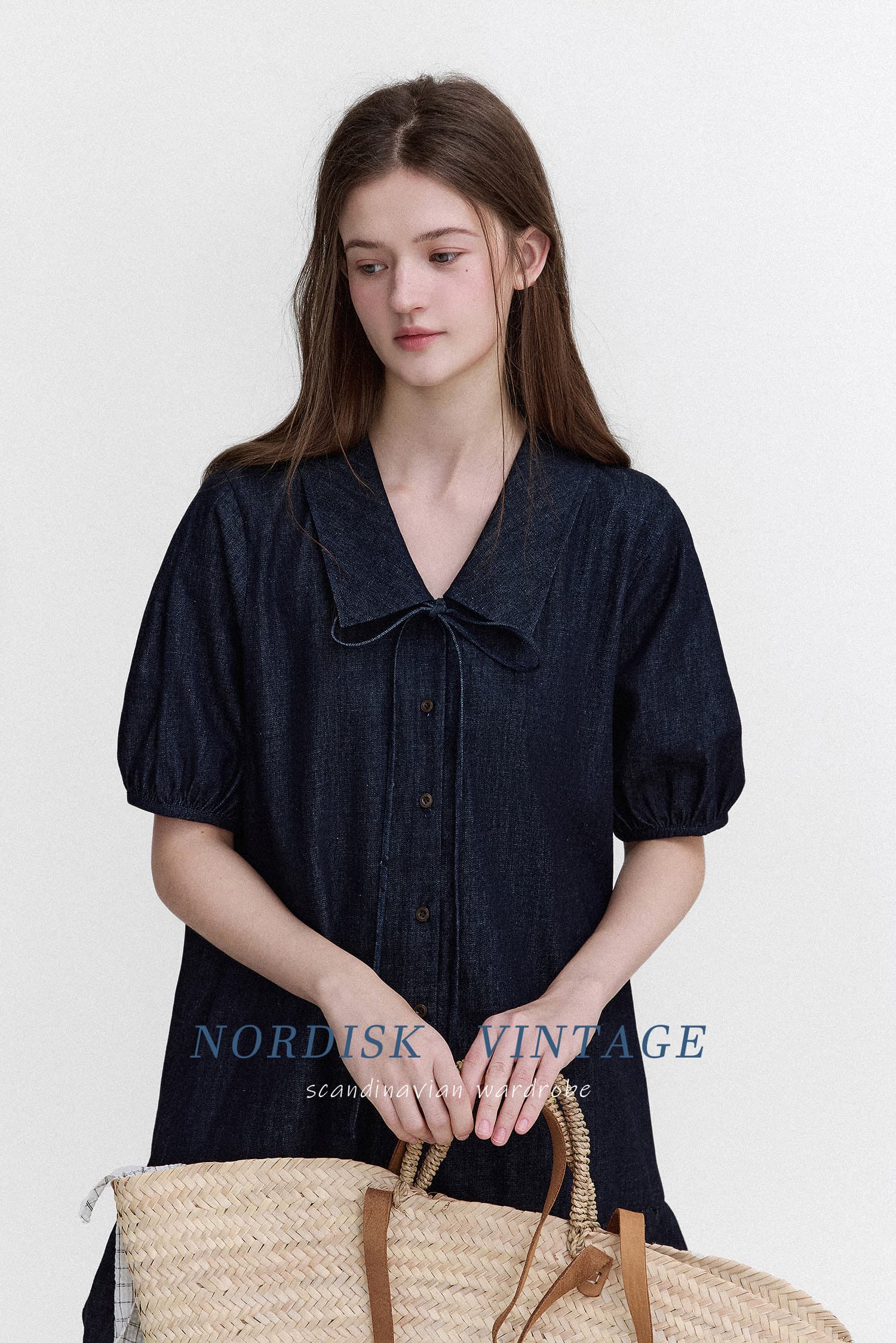 letm denim 데님 워싱 빅 칼라 낭만주의 질감 센스 레이스업 레트로 꽃밭 반팔 여성 드레스 상세 이미지 5