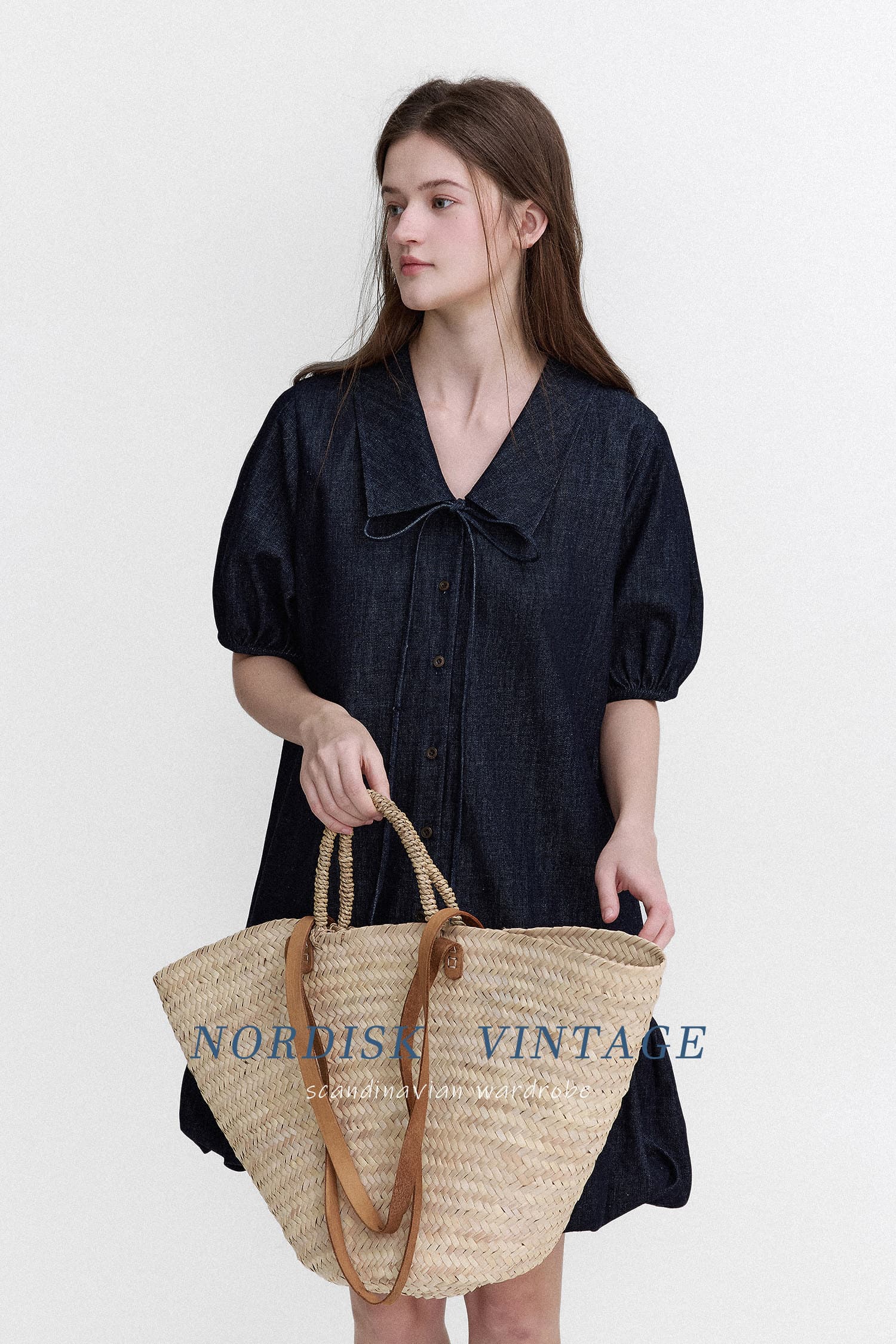 letm denim 데님 워싱 빅 칼라 낭만주의 질감 센스 레이스업 레트로 꽃밭 반팔 여성 드레스 상세 이미지 9