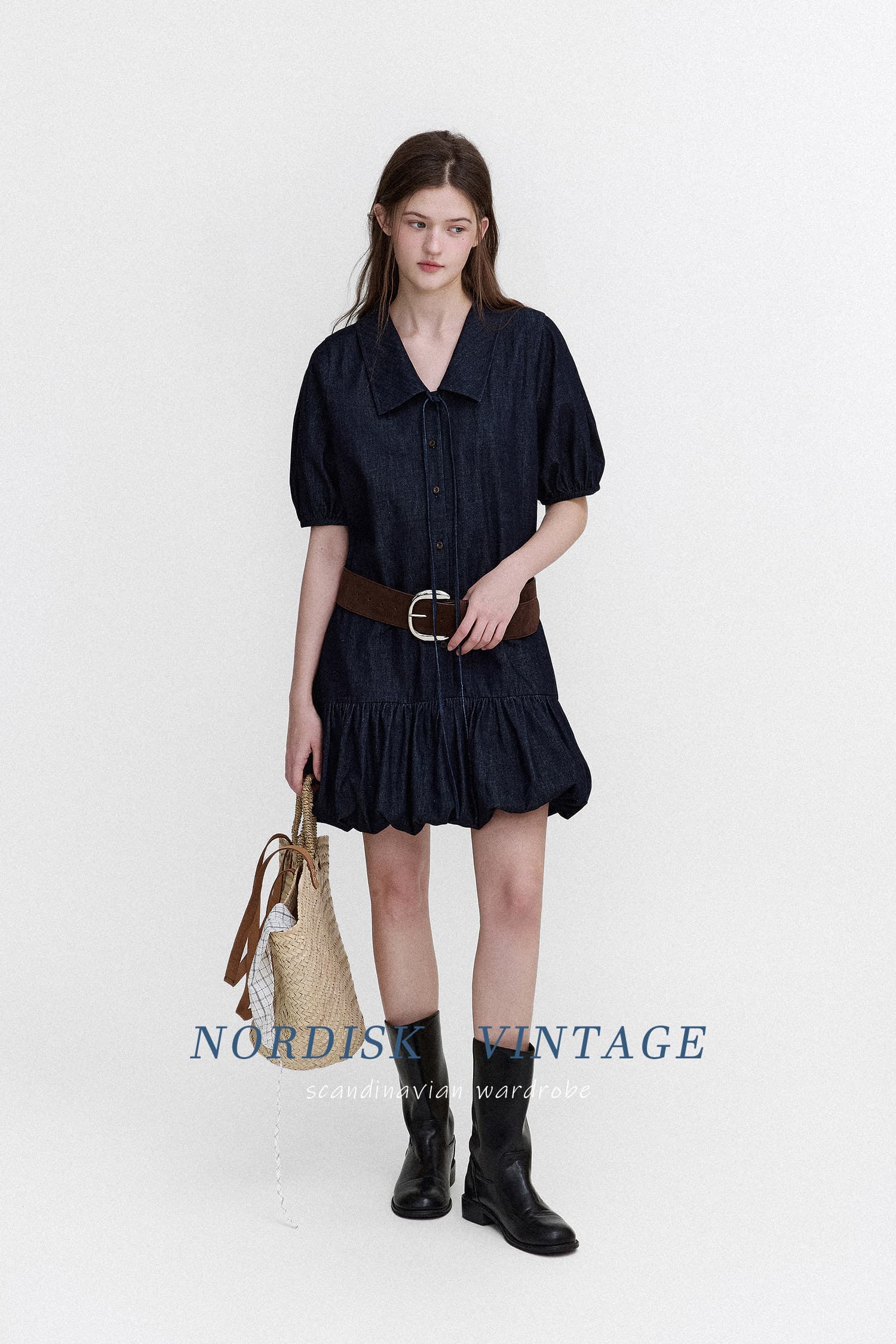 letm denim 데님 워싱 빅 칼라 낭만주의 질감 센스 레이스업 레트로 꽃밭 반팔 여성 드레스 상세 이미지 11