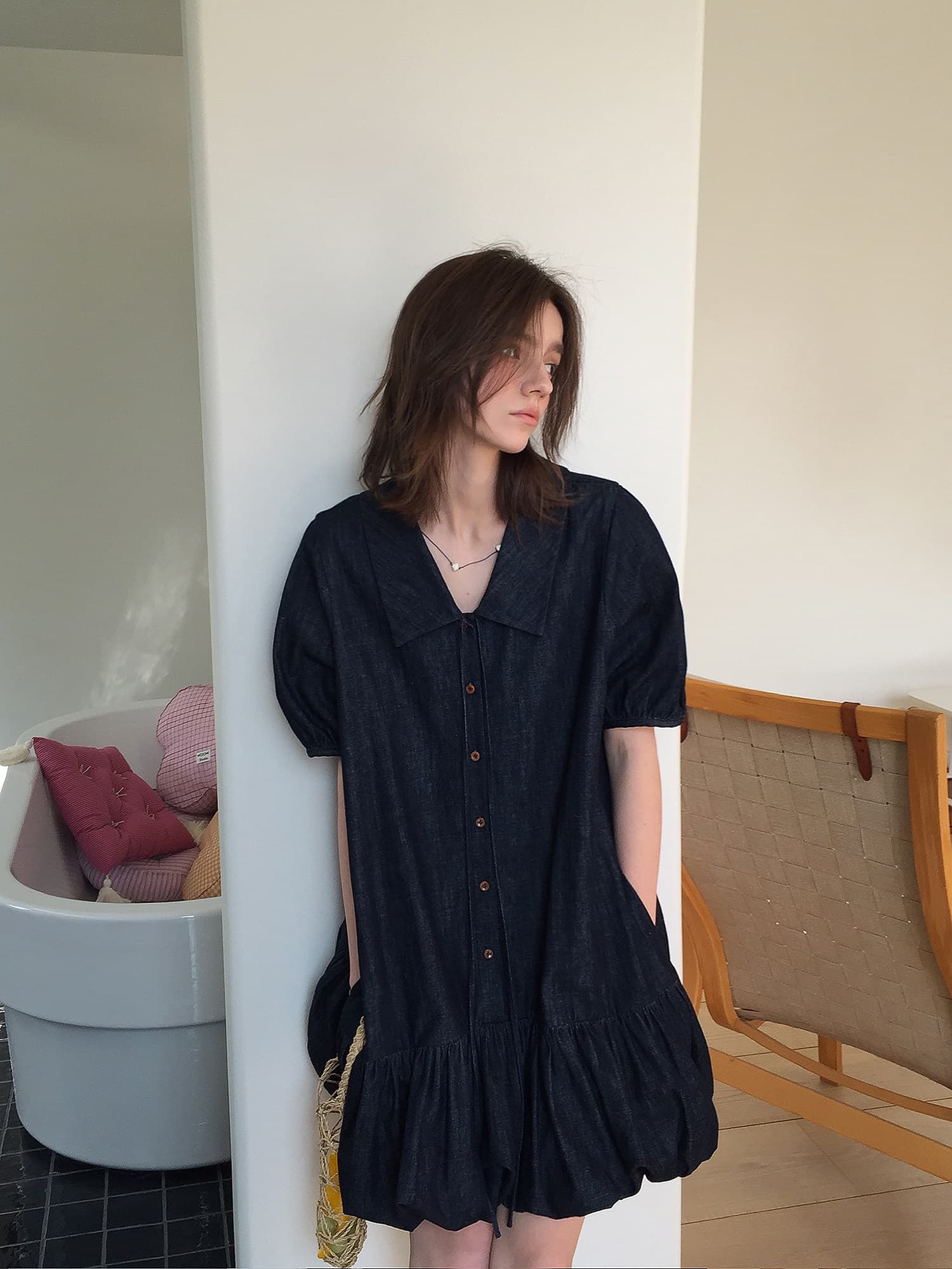 letm denim 데님 워싱 빅 칼라 낭만주의 질감 센스 레이스업 레트로 꽃밭 반팔 여성 드레스 상세 이미지 12