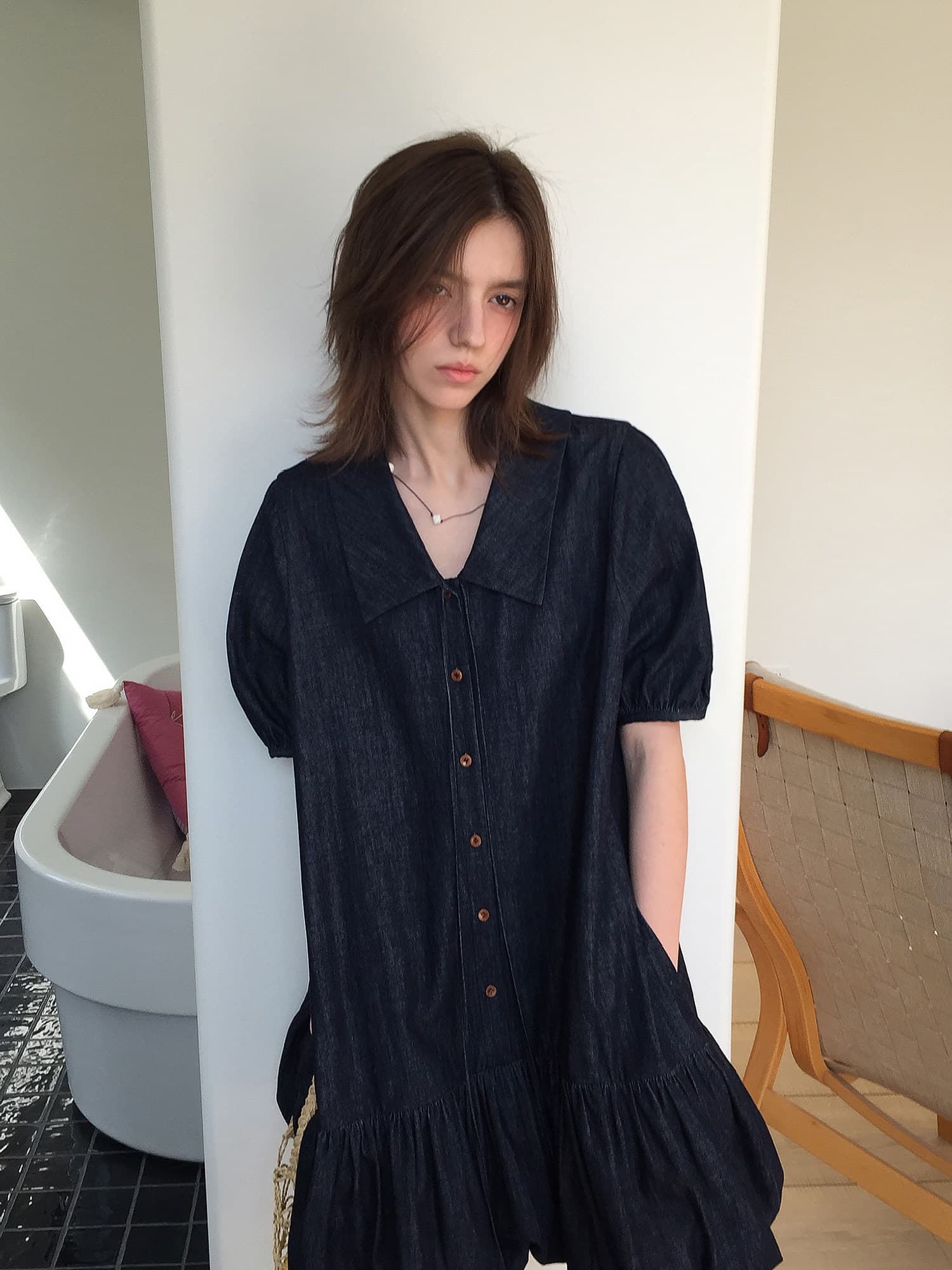 letm denim 데님 워싱 빅 칼라 낭만주의 질감 센스 레이스업 레트로 꽃밭 반팔 여성 드레스 상세 이미지 14