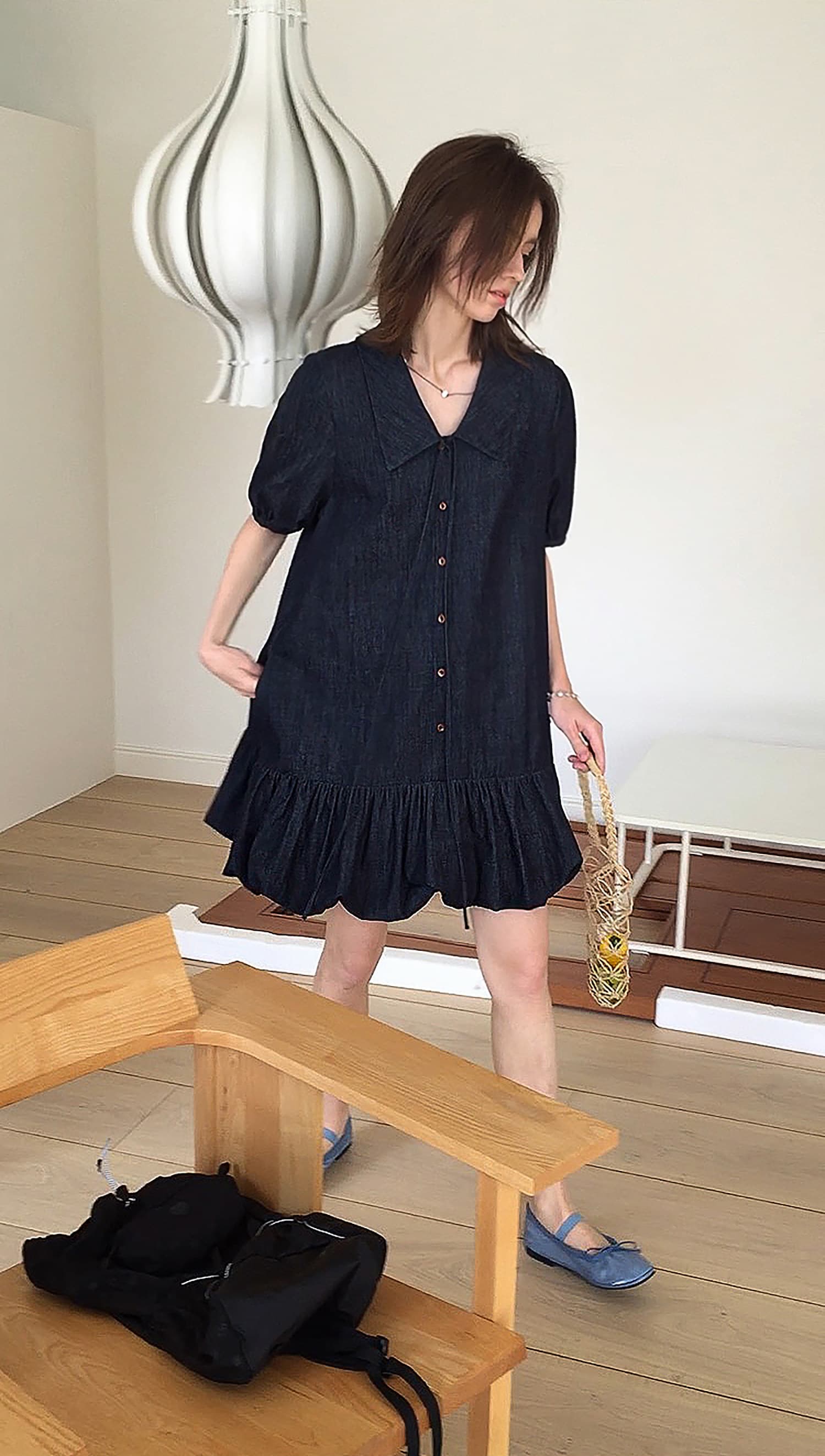 letm denim 데님 워싱 빅 칼라 낭만주의 질감 센스 레이스업 레트로 꽃밭 반팔 여성 드레스 상세 이미지 16