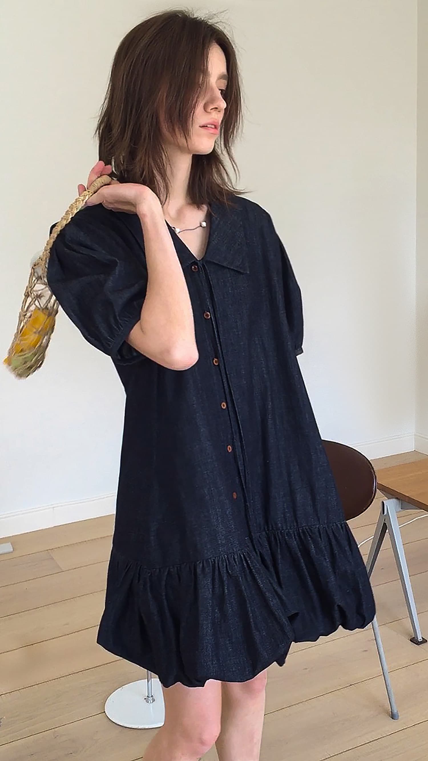 letm denim 데님 워싱 빅 칼라 낭만주의 질감 센스 레이스업 레트로 꽃밭 반팔 여성 드레스 상세 이미지 17